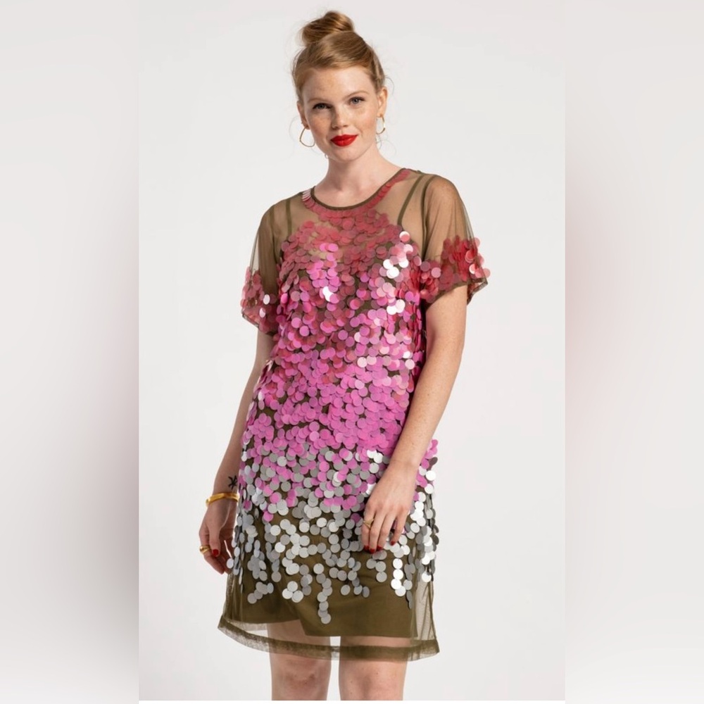 Frances Valentine Paillettes Embellished Rodin Dress Pink Olive Size 1X NWOT